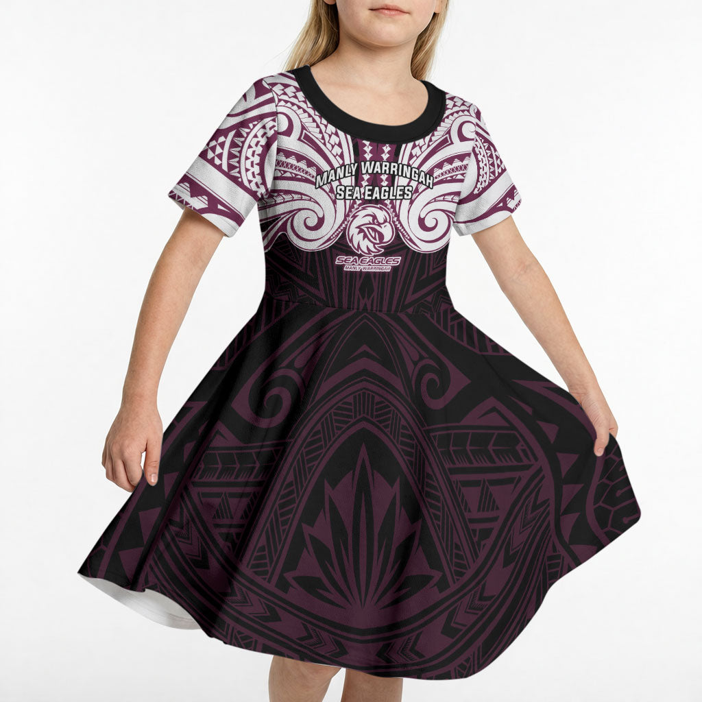 Custom Manly Warringah Sea Eagles Kid Short Sleeve Dress Sea Eagle Warrior Polynesia Islander Rugby Mascot