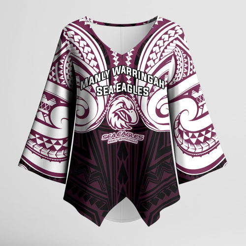Custom Manly Warringah Sea Eagles Kimono Sleeve Blouse Sea Eagle Warrior Polynesia Islander Rugby Mascot