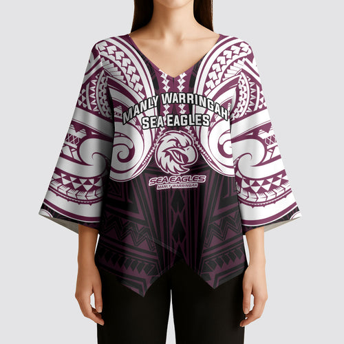 Custom Manly Warringah Sea Eagles Kimono Sleeve Blouse Sea Eagle Warrior Polynesia Islander Rugby Mascot