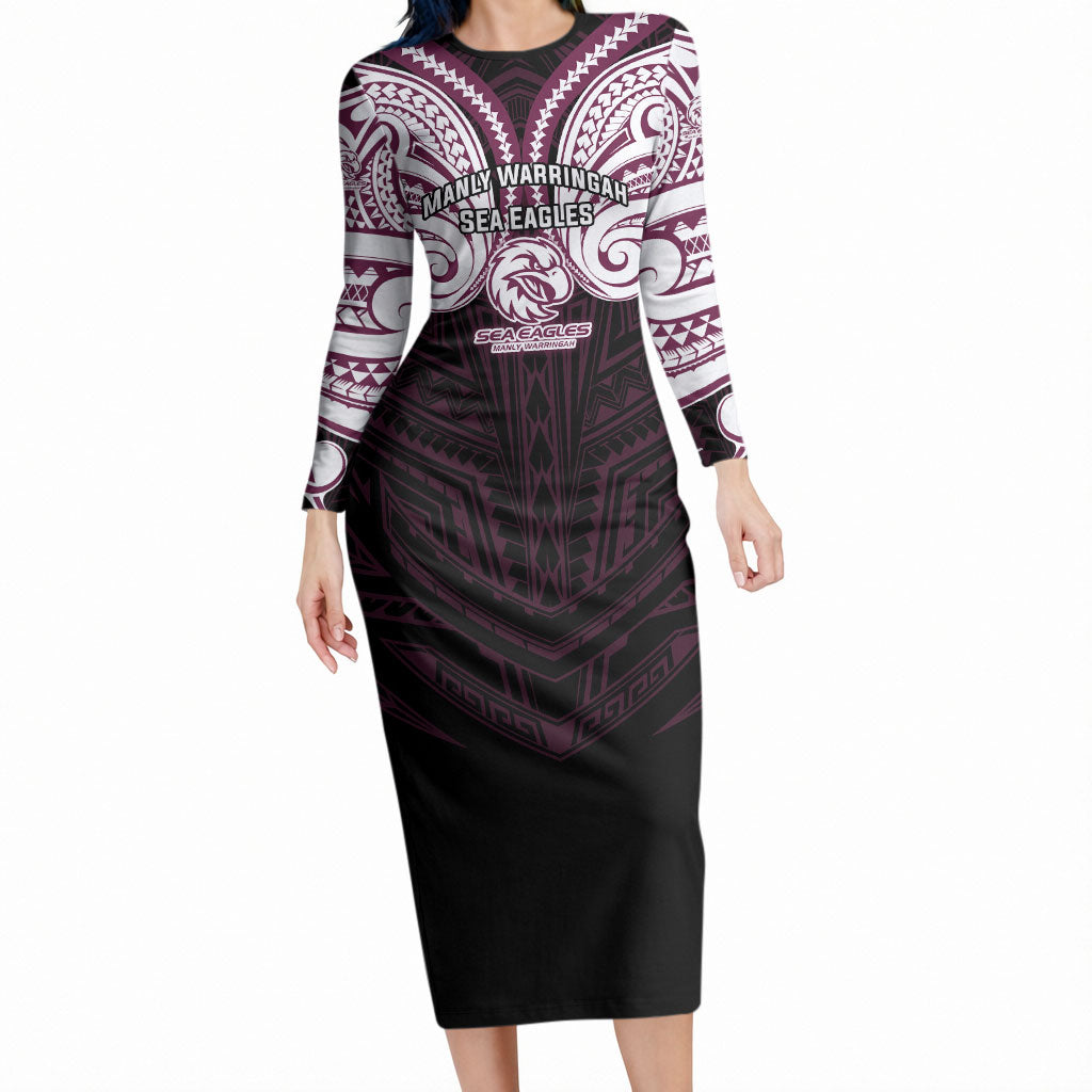 Custom Manly Warringah Sea Eagles Long Sleeve Bodycon Dress Sea Eagle Warrior Polynesia Islander Rugby Mascot