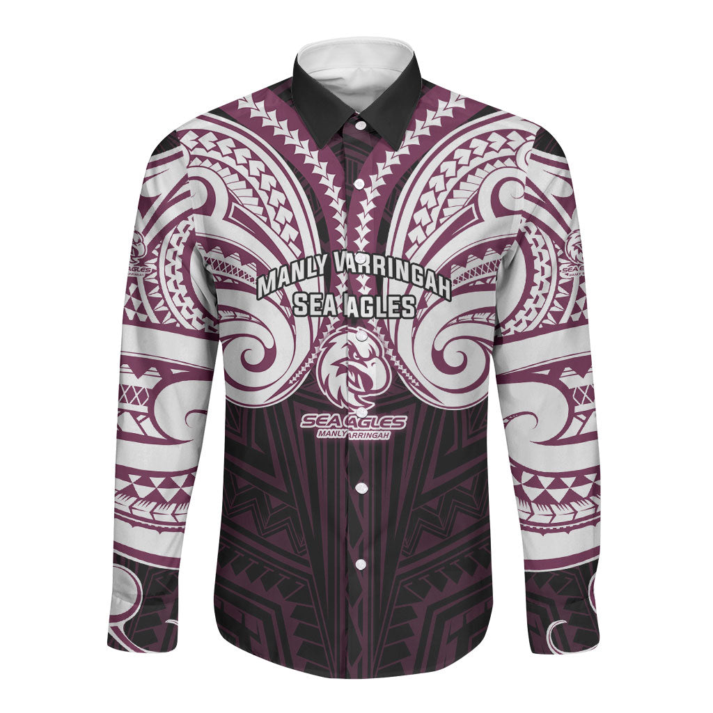 Custom Manly Warringah Sea Eagles Long Sleeve Button Shirt Sea Eagle Warrior Polynesia Islander Rugby Mascot