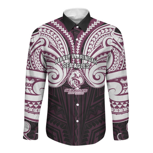 Custom Manly Warringah Sea Eagles Long Sleeve Button Shirt Sea Eagle Warrior Polynesia Islander Rugby Mascot
