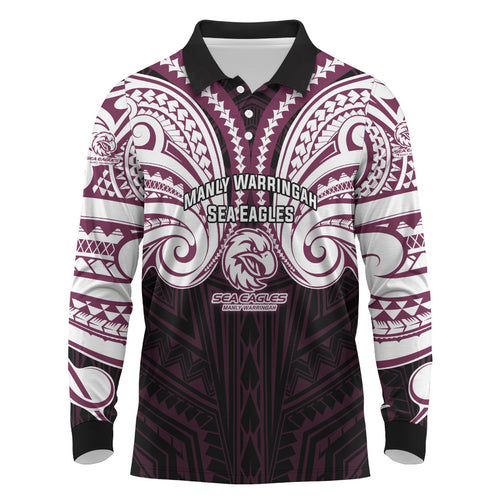 Custom Manly Warringah Sea Eagles Long Sleeve Polo Shirt Sea Eagle Warrior Polynesia Islander Rugby Mascot