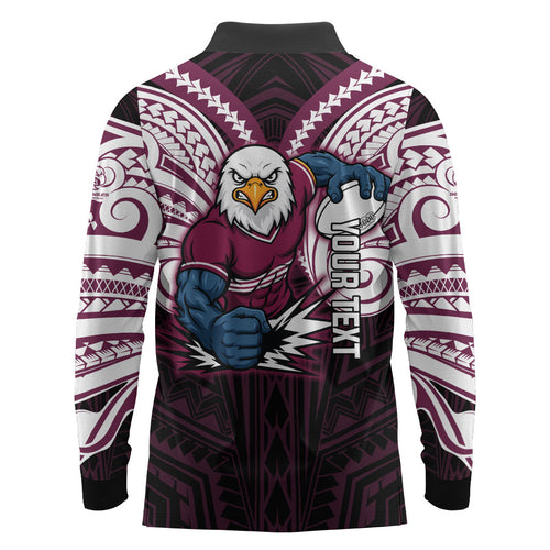 Custom Manly Warringah Sea Eagles Long Sleeve Polo Shirt Sea Eagle Warrior Polynesia Islander Rugby Mascot