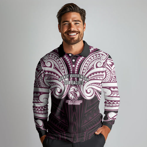 Custom Manly Warringah Sea Eagles Long Sleeve Polo Shirt Sea Eagle Warrior Polynesia Islander Rugby Mascot