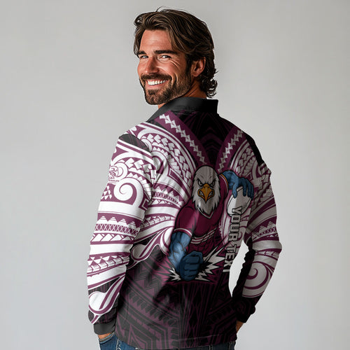 Custom Manly Warringah Sea Eagles Long Sleeve Polo Shirt Sea Eagle Warrior Polynesia Islander Rugby Mascot