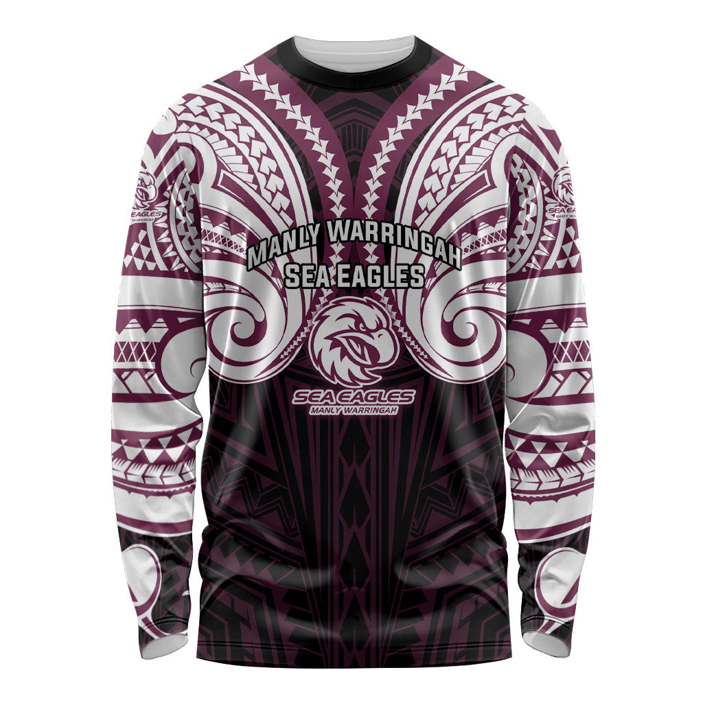 Custom Manly Warringah Sea Eagles Long Sleeve Shirt Sea Eagle Warrior Polynesia Islander Rugby Mascot