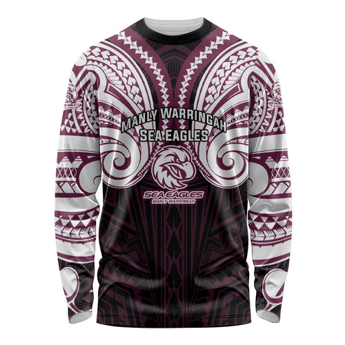 Custom Manly Warringah Sea Eagles Long Sleeve Shirt Sea Eagle Warrior Polynesia Islander Rugby Mascot