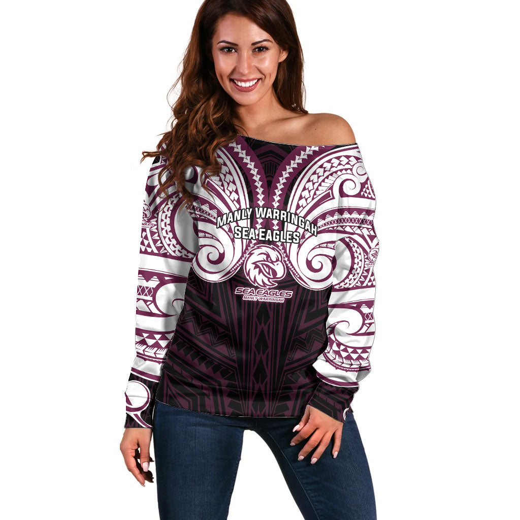 Custom Manly Warringah Sea Eagles Off Shoulder Sweater Sea Eagle Warrior Polynesia Islander Rugby Mascot