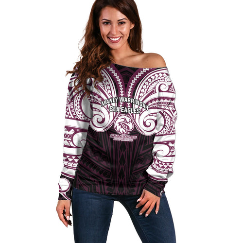 Custom Manly Warringah Sea Eagles Off Shoulder Sweater Sea Eagle Warrior Polynesia Islander Rugby Mascot