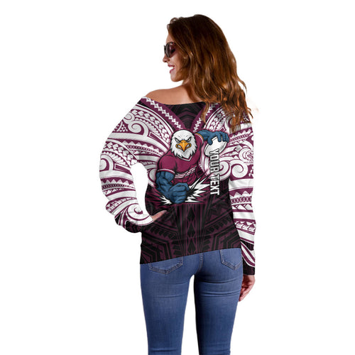 Custom Manly Warringah Sea Eagles Off Shoulder Sweater Sea Eagle Warrior Polynesia Islander Rugby Mascot