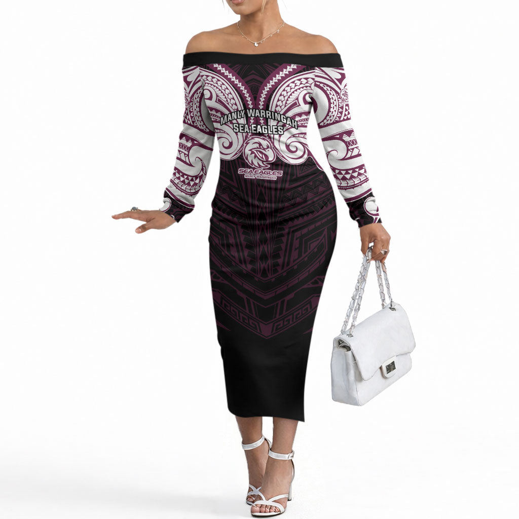 Custom Manly Warringah Sea Eagles Off The Shoulder Long Sleeve Dress Sea Eagle Warrior Polynesia Islander Rugby Mascot