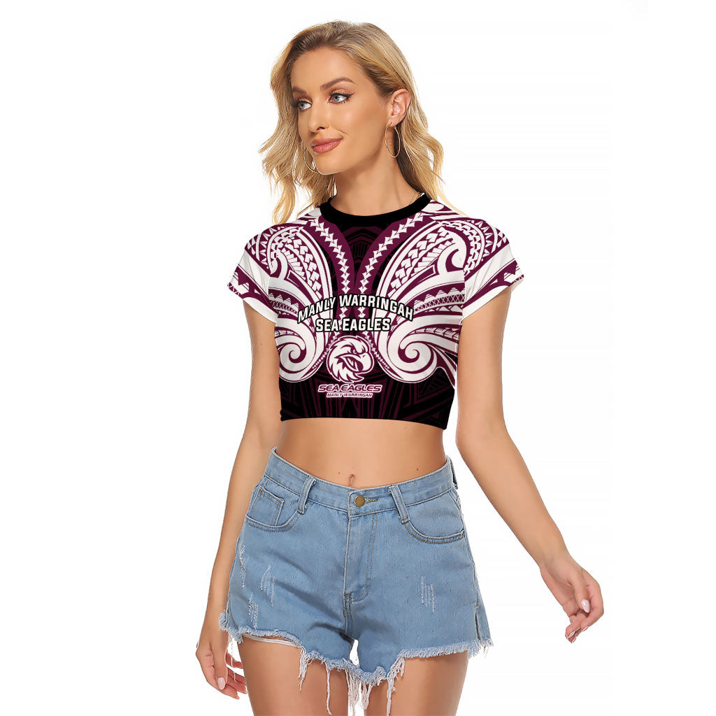Custom Manly Warringah Sea Eagles Raglan Cropped T Shirt Sea Eagle Warrior Polynesia Islander Rugby Mascot