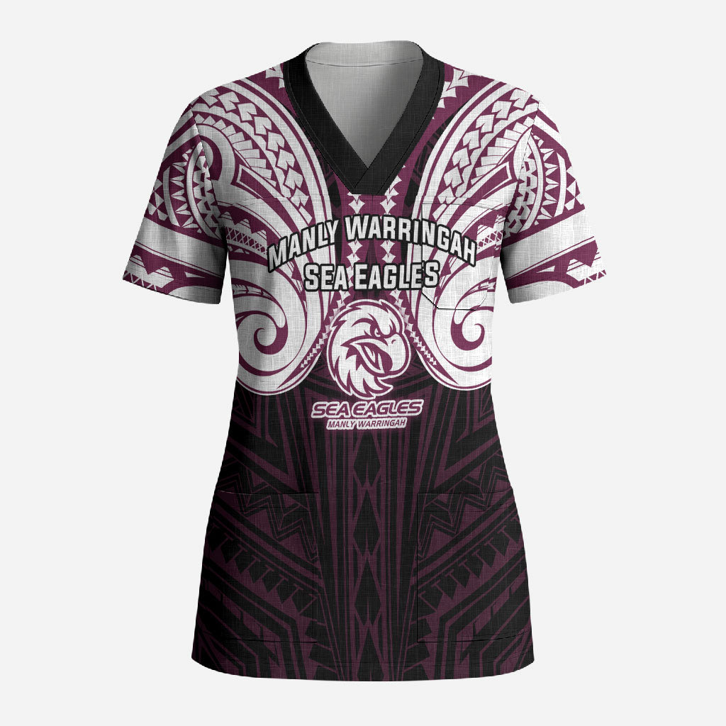 Custom Manly Warringah Sea Eagles Scrub Top Sea Eagle Warrior Polynesia Islander Rugby Mascot
