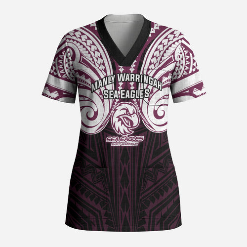 Custom Manly Warringah Sea Eagles Scrub Top Sea Eagle Warrior Polynesia Islander Rugby Mascot