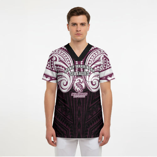 Custom Manly Warringah Sea Eagles Scrub Top Sea Eagle Warrior Polynesia Islander Rugby Mascot