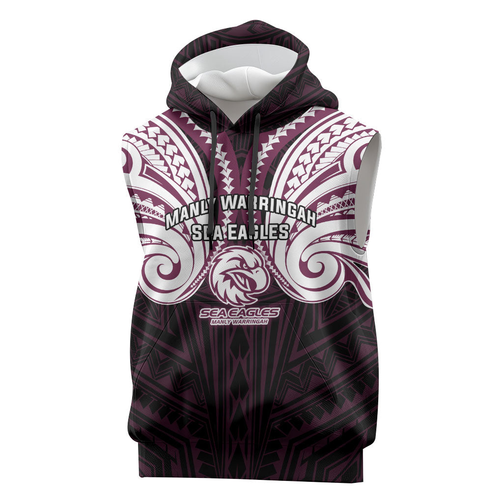 Custom Manly Warringah Sea Eagles Sleeveless Hoodie Sea Eagle Warrior Polynesia Islander Rugby Mascot