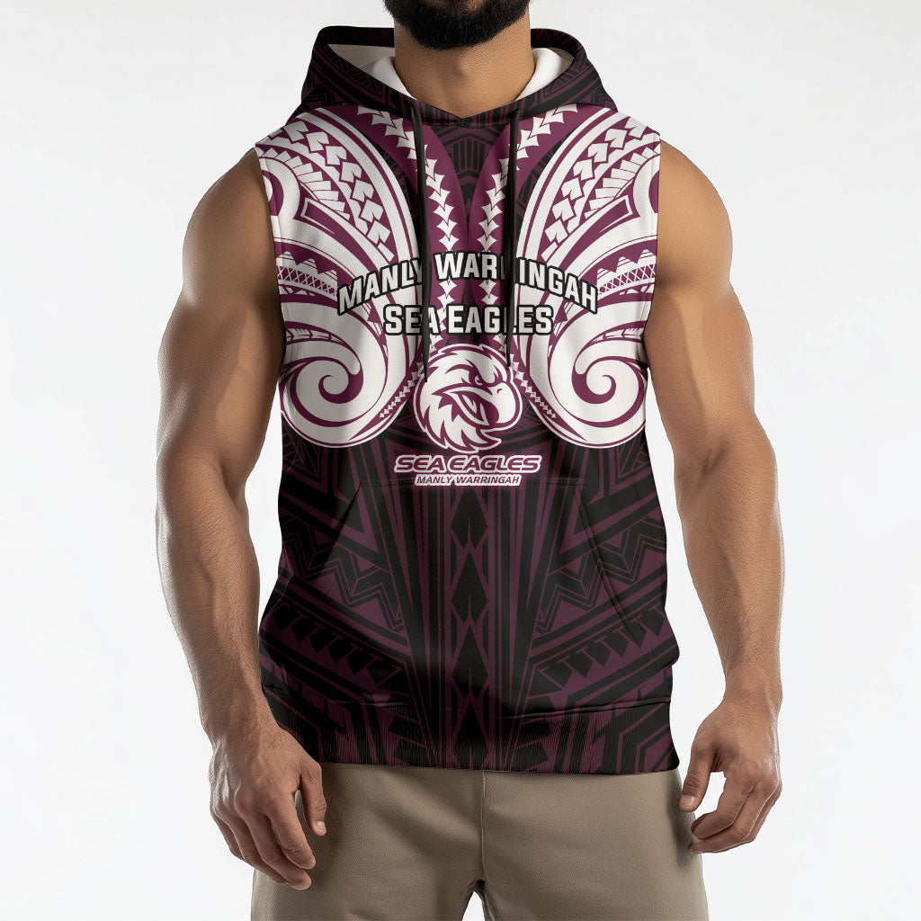 Custom Manly Warringah Sea Eagles Sleeveless Hoodie Sea Eagle Warrior Polynesia Islander Rugby Mascot