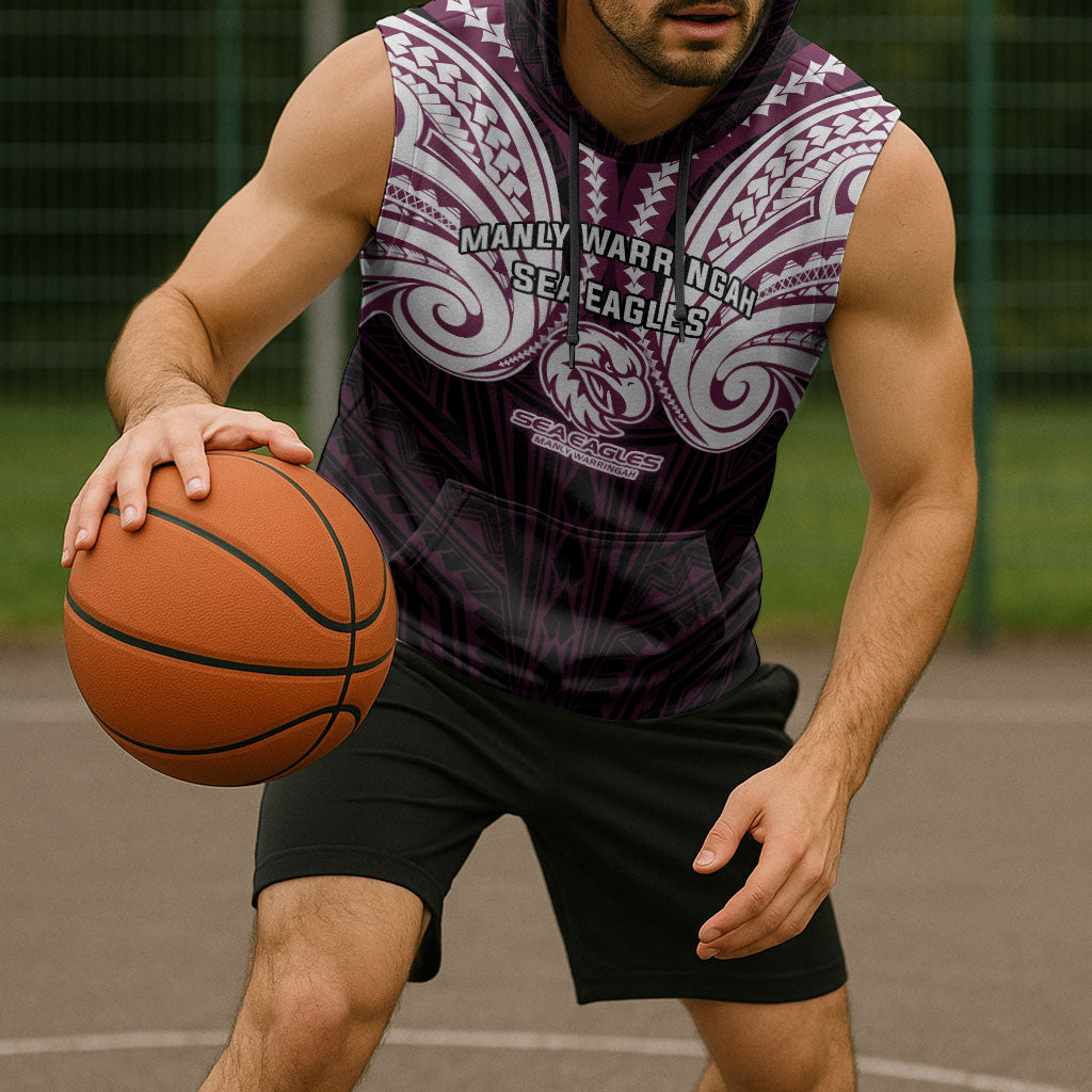 Custom Manly Warringah Sea Eagles Sleeveless Hoodie Sea Eagle Warrior Polynesia Islander Rugby Mascot