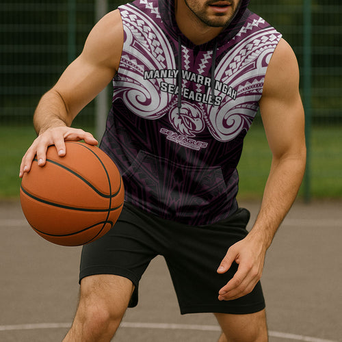 Custom Manly Warringah Sea Eagles Sleeveless Hoodie Sea Eagle Warrior Polynesia Islander Rugby Mascot