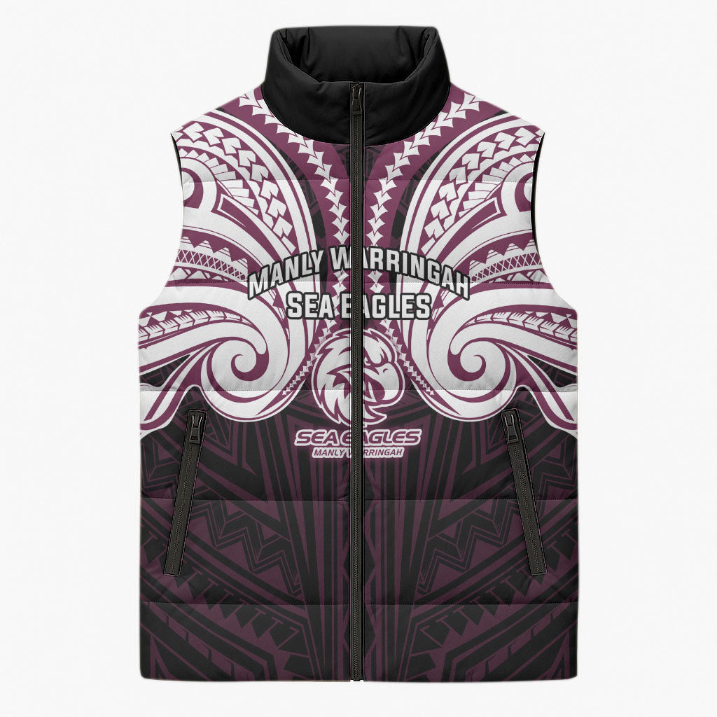 Custom Manly Warringah Sea Eagles Sleeveless Puffer Jacket Sea Eagle Warrior Polynesia Islander Rugby Mascot