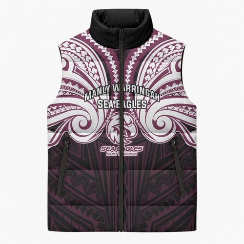Custom Manly Warringah Sea Eagles Sleeveless Puffer Jacket Sea Eagle Warrior Polynesia Islander Rugby Mascot