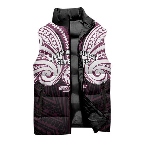 Custom Manly Warringah Sea Eagles Sleeveless Puffer Jacket Sea Eagle Warrior Polynesia Islander Rugby Mascot