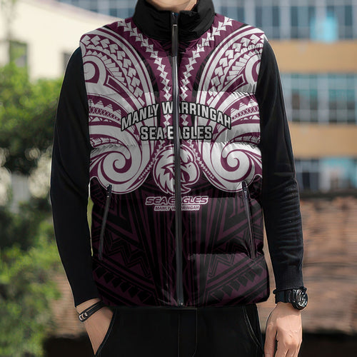Custom Manly Warringah Sea Eagles Sleeveless Puffer Jacket Sea Eagle Warrior Polynesia Islander Rugby Mascot