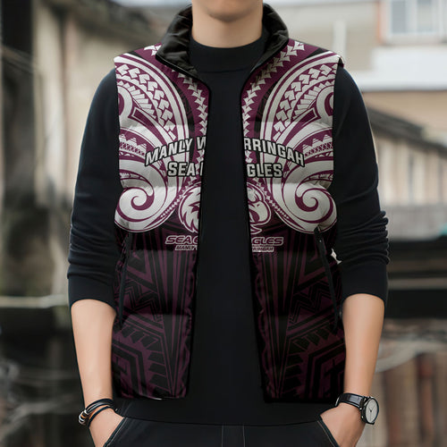 Custom Manly Warringah Sea Eagles Sleeveless Puffer Jacket Sea Eagle Warrior Polynesia Islander Rugby Mascot
