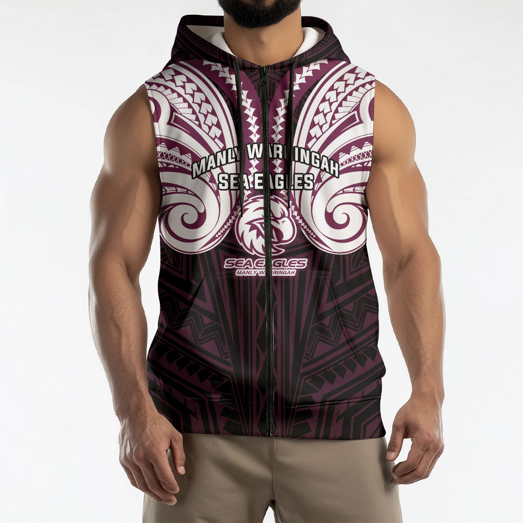 Custom Manly Warringah Sea Eagles Sleeveless Zip Hoodie Sea Eagle Warrior Polynesia Islander Rugby Mascot