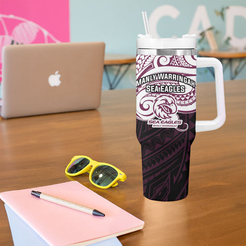 Custom Manly Warringah Sea Eagles Tumbler With Handle Sea Eagle Warrior Polynesia Islander Rugby Mascot