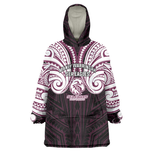 Custom Manly Warringah Sea Eagles Wearable Blanket Hoodie Sea Eagle Warrior Polynesia Islander Rugby Mascot