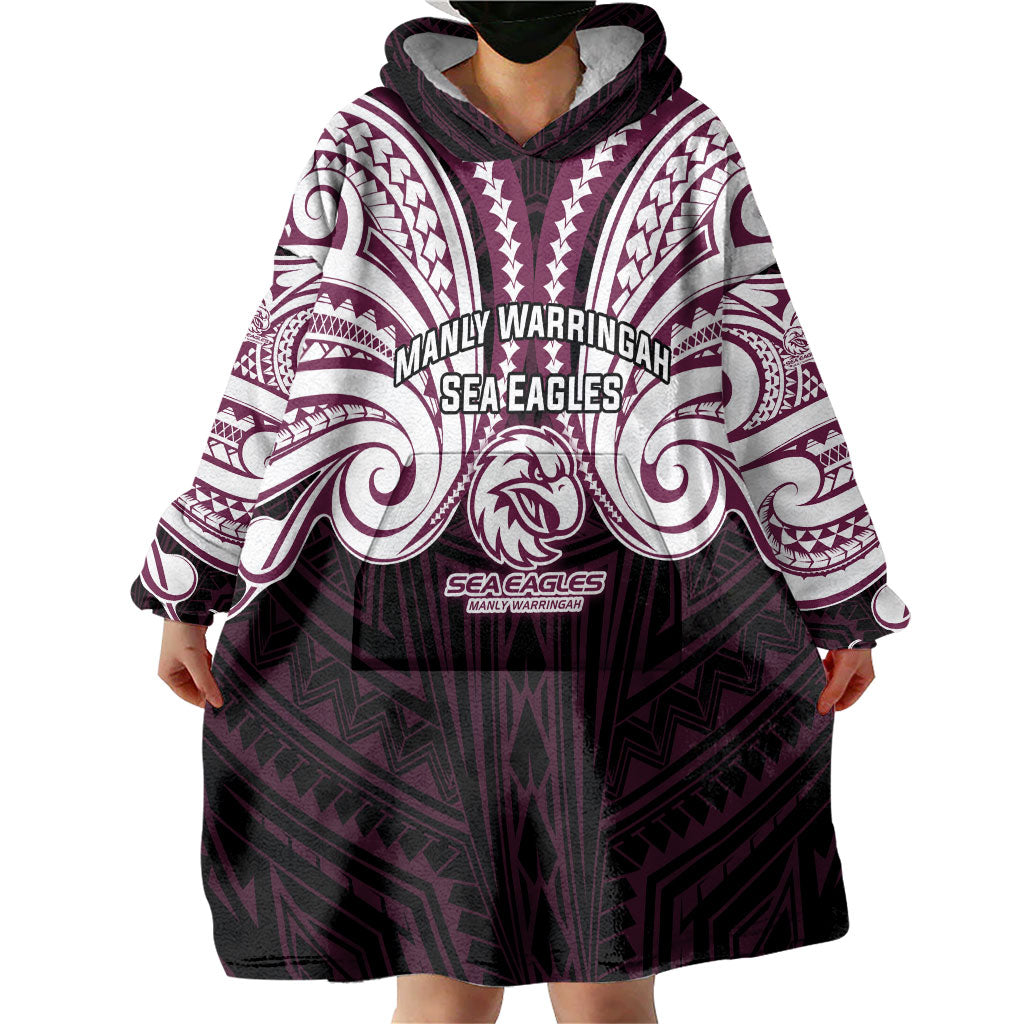 Custom Manly Warringah Sea Eagles Wearable Blanket Hoodie Sea Eagle Warrior Polynesia Islander Rugby Mascot