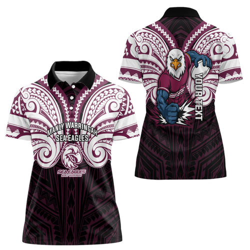 Custom Manly Warringah Sea Eagles Women Polo Shirt Sea Eagle Warrior Polynesia Islander Rugby Mascot