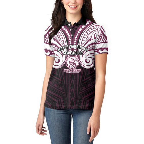 Custom Manly Warringah Sea Eagles Women Polo Shirt Sea Eagle Warrior Polynesia Islander Rugby Mascot