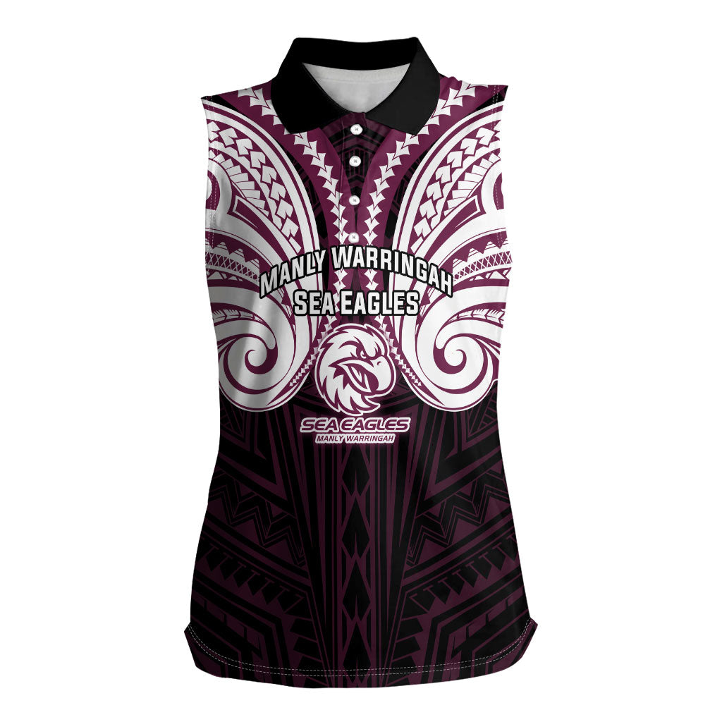 Custom Manly Warringah Sea Eagles Women Sleeveless Polo Shirt Sea Eagle Warrior Polynesia Islander Rugby Mascot