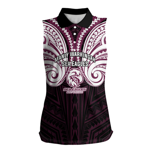 Custom Manly Warringah Sea Eagles Women Sleeveless Polo Shirt Sea Eagle Warrior Polynesia Islander Rugby Mascot