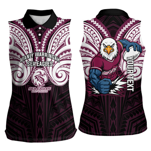 Custom Manly Warringah Sea Eagles Women Sleeveless Polo Shirt Sea Eagle Warrior Polynesia Islander Rugby Mascot