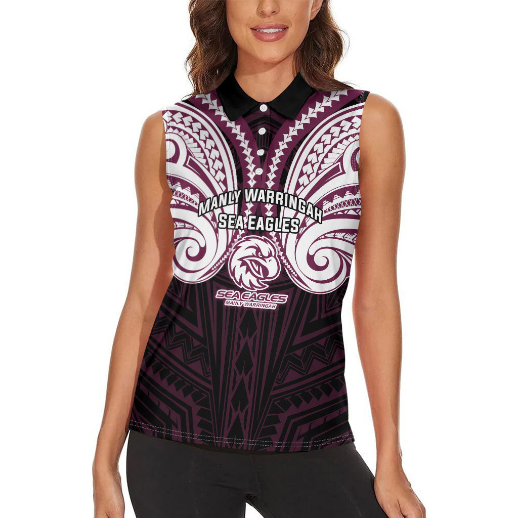Custom Manly Warringah Sea Eagles Women Sleeveless Polo Shirt Sea Eagle Warrior Polynesia Islander Rugby Mascot