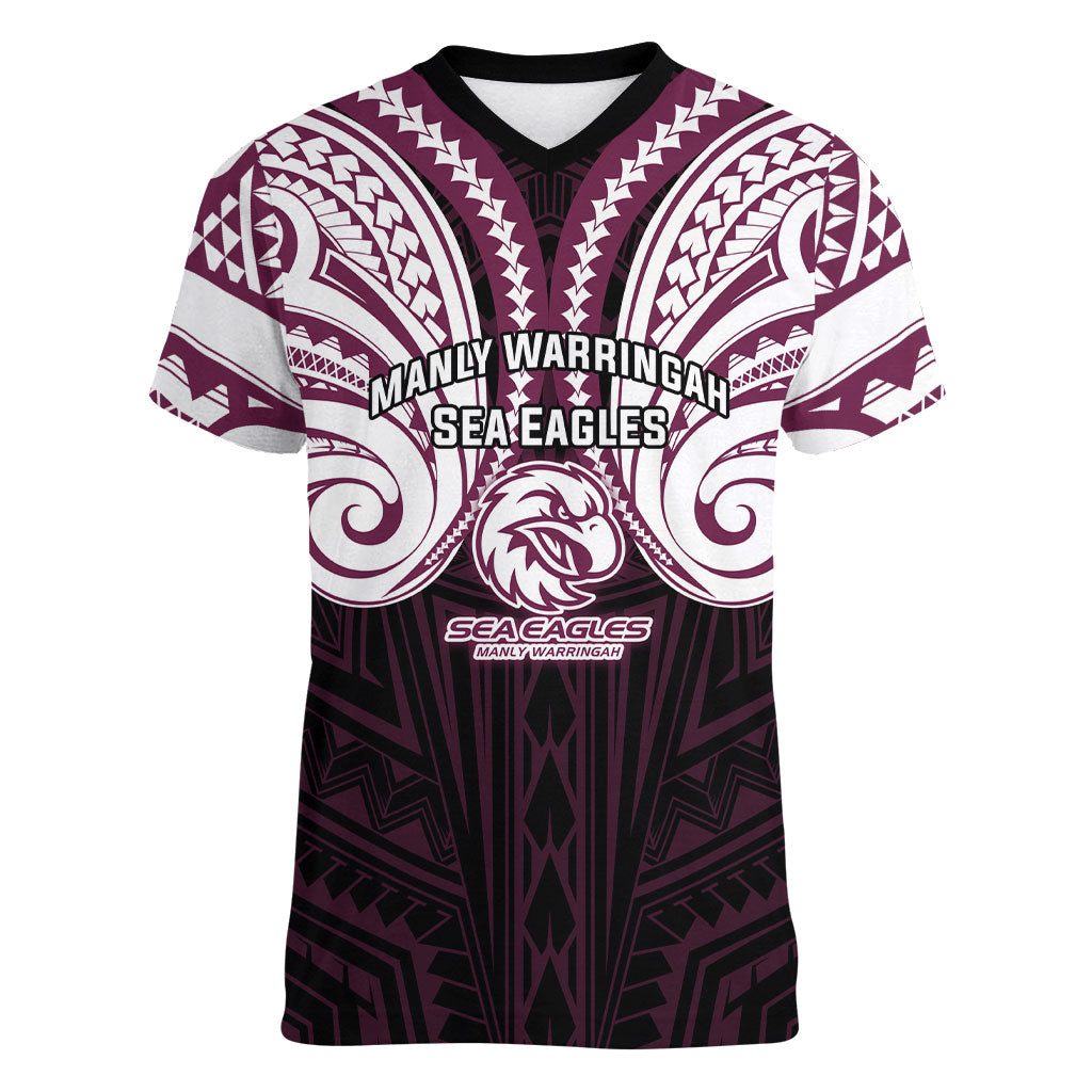 Custom Manly Warringah Sea Eagles Women V-Neck T-Shirt Sea Eagle Warrior Polynesia Islander Rugby Mascot