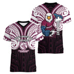 Custom Manly Warringah Sea Eagles Women V-Neck T-Shirt Sea Eagle Warrior Polynesia Islander Rugby Mascot