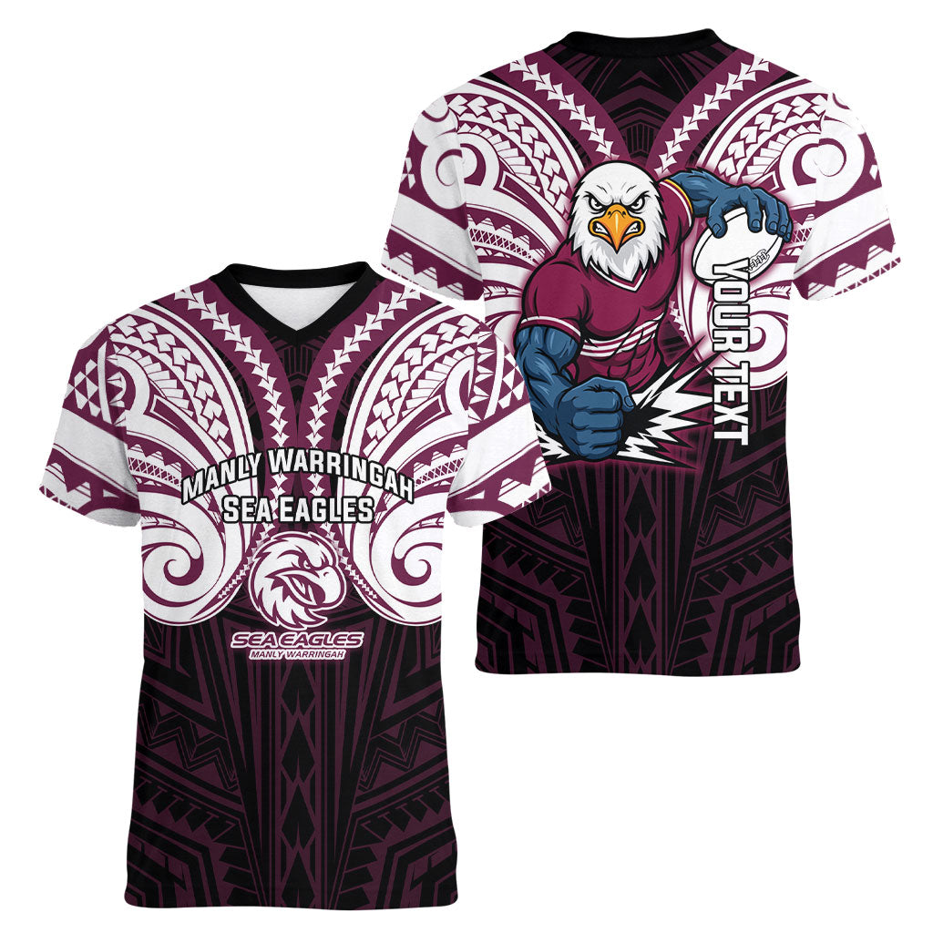 Custom Manly Warringah Sea Eagles Women V-Neck T-Shirt Sea Eagle Warrior Polynesia Islander Rugby Mascot