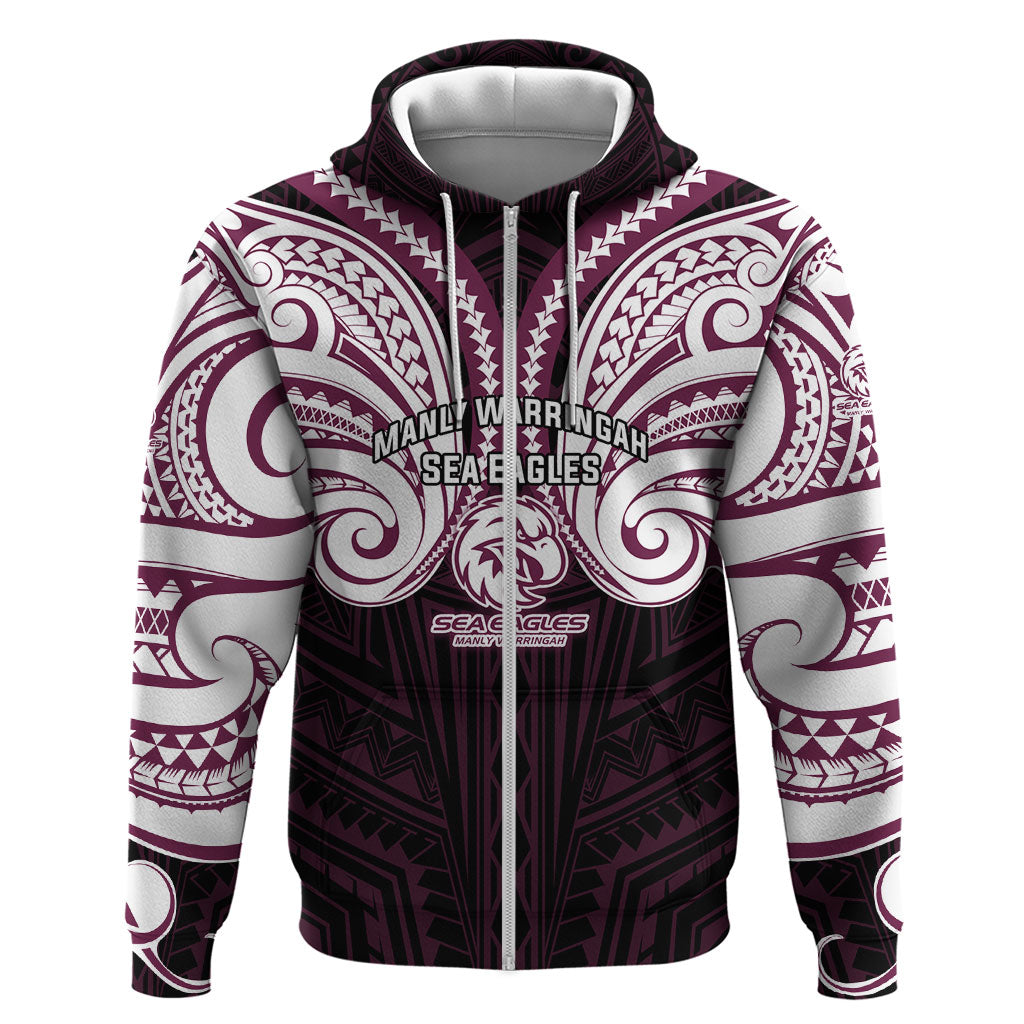 Custom Manly Warringah Sea Eagles Zip Hoodie Sea Eagle Warrior Polynesia Islander Rugby Mascot
