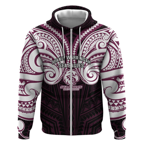 Custom Manly Warringah Sea Eagles Zip Hoodie Sea Eagle Warrior Polynesia Islander Rugby Mascot