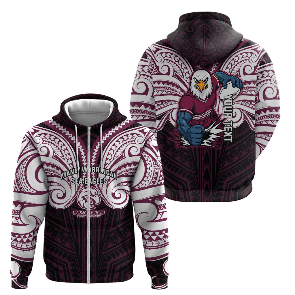 Custom Manly Warringah Sea Eagles Zip Hoodie Sea Eagle Warrior Polynesia Islander Rugby Mascot