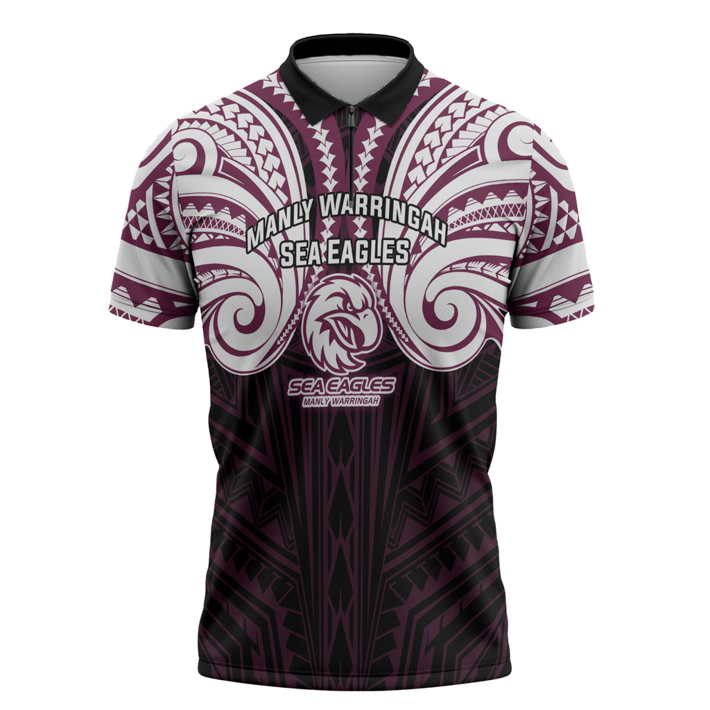 Custom Manly Warringah Sea Eagles Zipper Polo Shirt Sea Eagle Warrior Polynesia Islander Rugby Mascot
