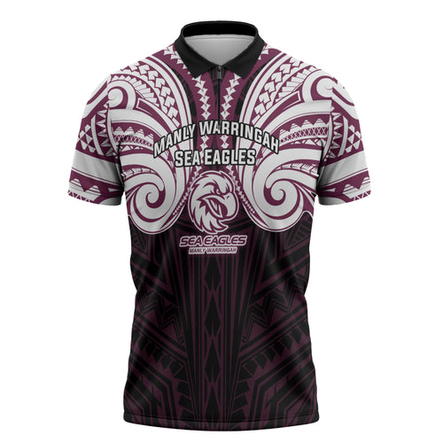 Custom Manly Warringah Sea Eagles Zipper Polo Shirt Sea Eagle Warrior Polynesia Islander Rugby Mascot
