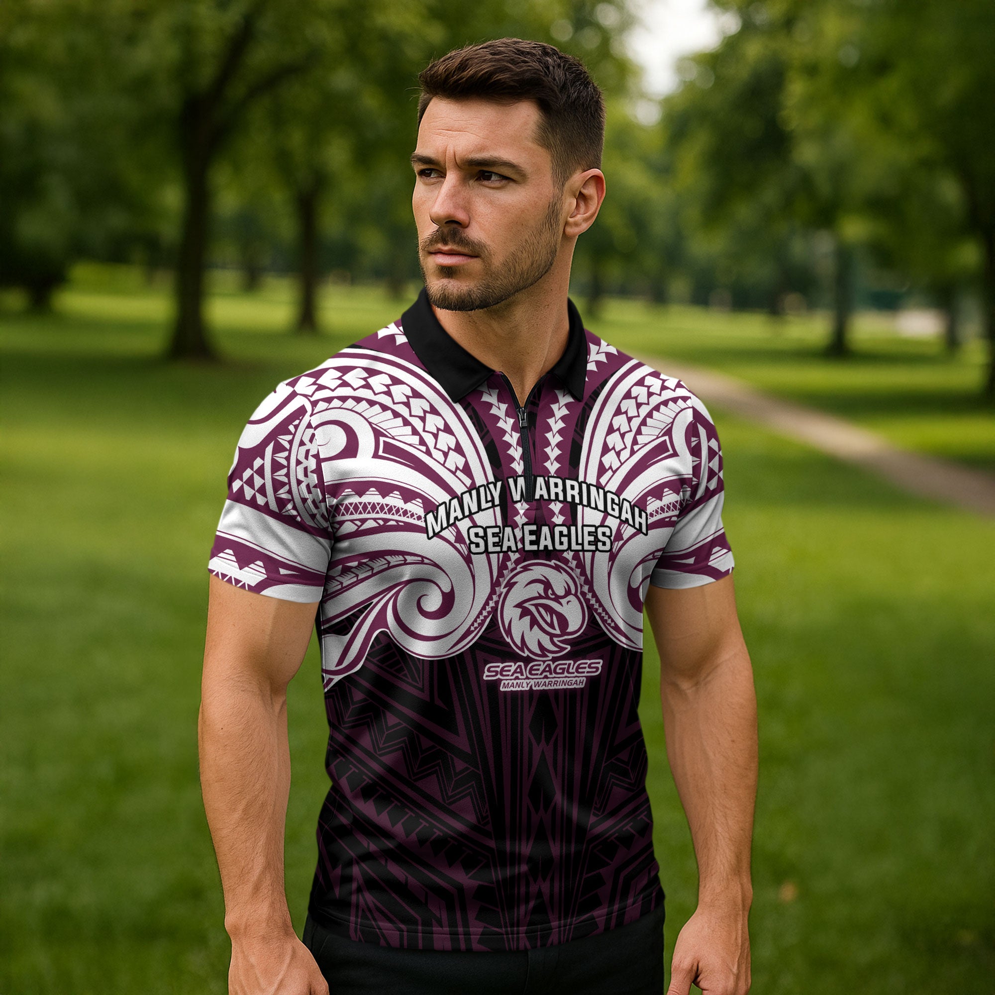 Custom Manly Warringah Sea Eagles Zipper Polo Shirt Sea Eagle Warrior Polynesia Islander Rugby Mascot