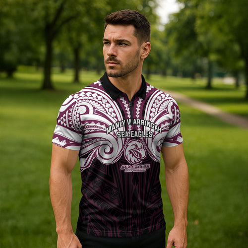Custom Manly Warringah Sea Eagles Zipper Polo Shirt Sea Eagle Warrior Polynesia Islander Rugby Mascot