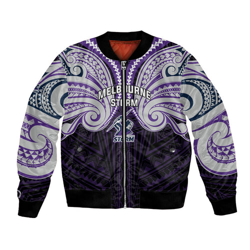 Custom Melbourne Storm Bomber Jacket Lightning Warrior Polynesia Islander Rugby Mascot